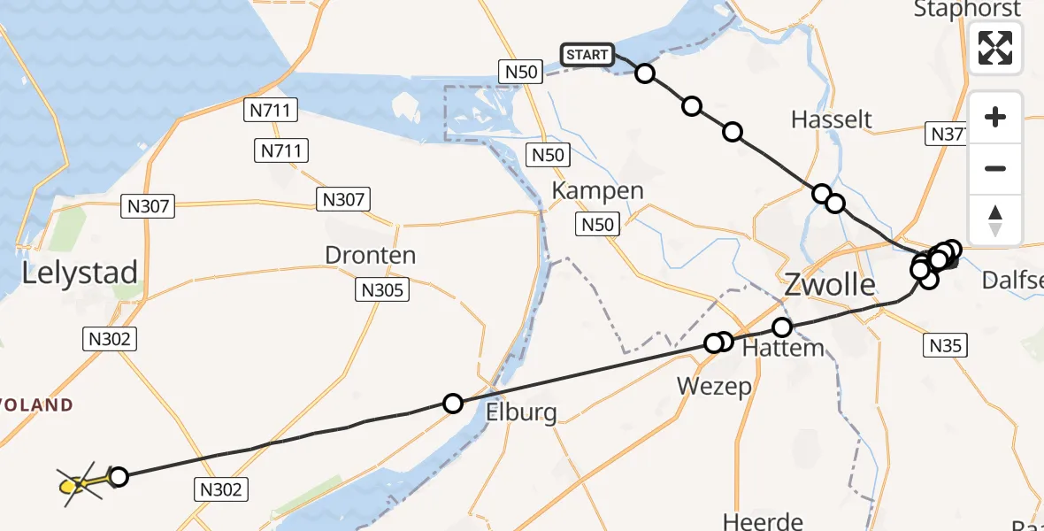 Routekaart van de vlucht: Politieheli naar Zeewolde