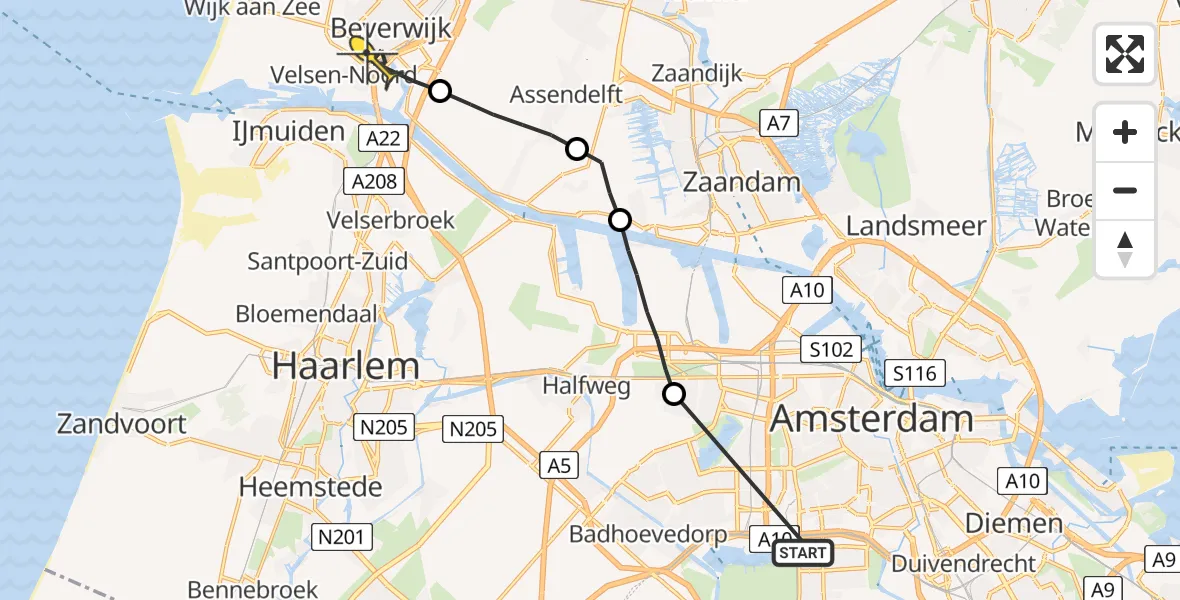 Routekaart van de vlucht: Lifeliner 1 naar Beverwijk