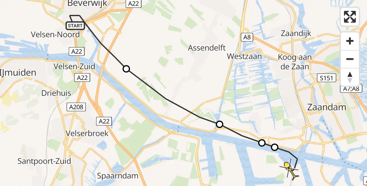 Routekaart van de vlucht: Lifeliner 1 naar Amsterdam Heliport