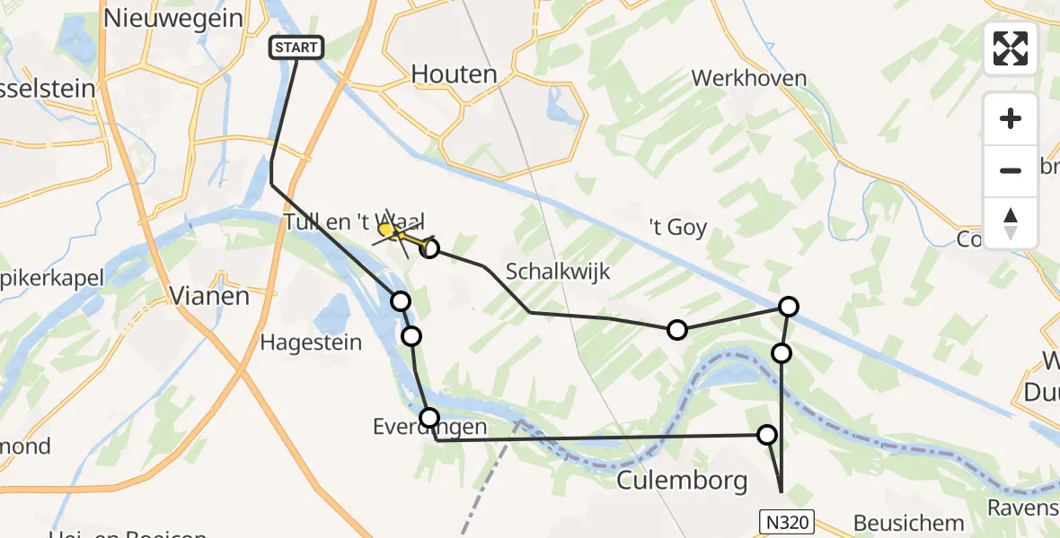 Routekaart van de vlucht: Politieheli naar Tull en 't Waal