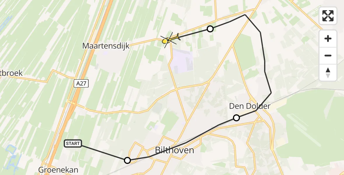 Routekaart van de vlucht: Politieheli naar Bilthoven