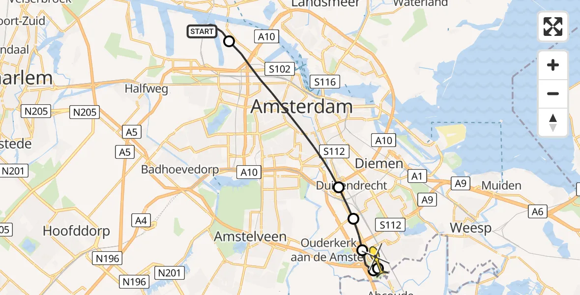 Routekaart van de vlucht: Lifeliner 1 naar Academisch Medisch Centrum (AMC)