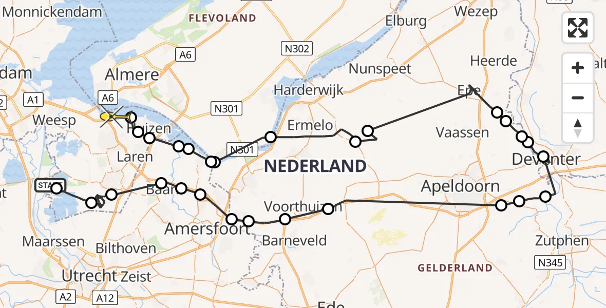 Routekaart van de vlucht: Politieheli naar Naarden