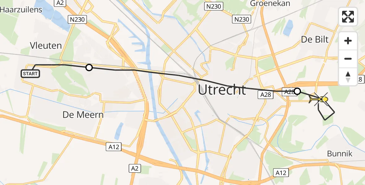 Routekaart van de vlucht: Lifeliner 1 naar Universitair Medisch Centrum Utrecht