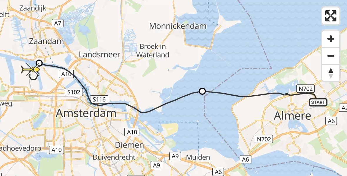 Routekaart van de vlucht: Lifeliner 1 naar Amsterdam Heliport