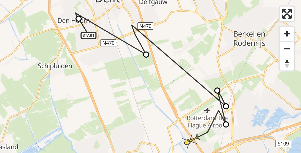 Routekaart van de vlucht: Politieheli naar Rotterdam The Hague Airport