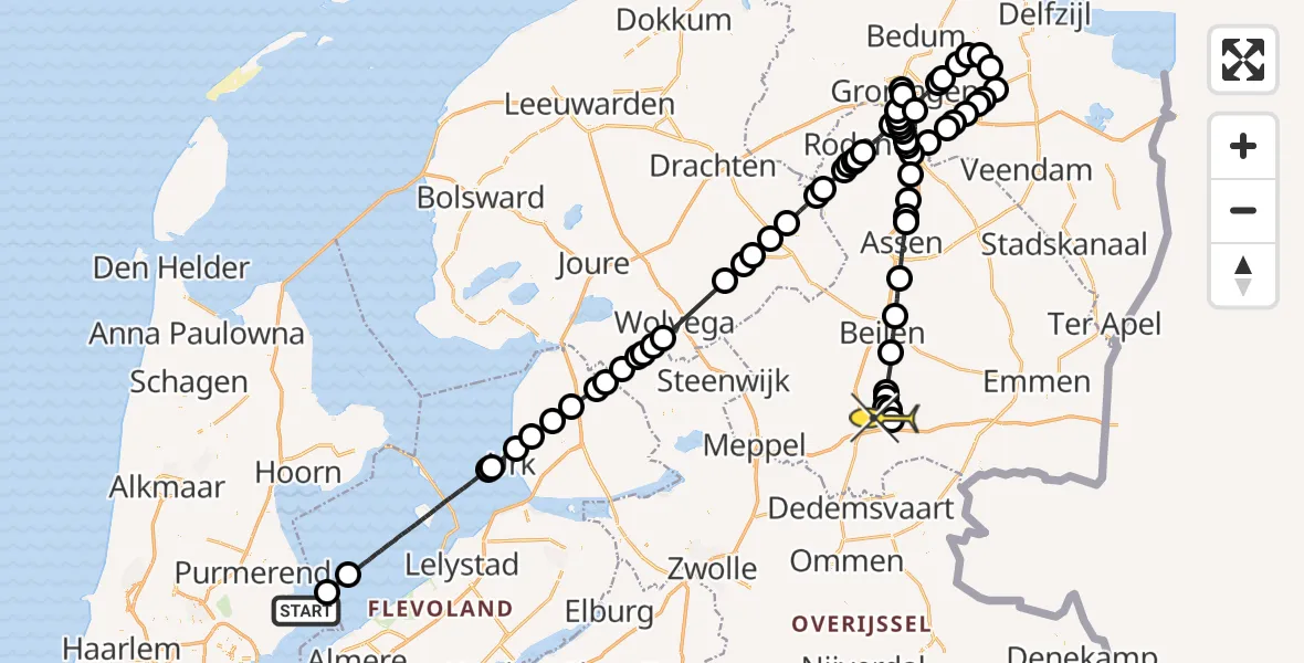 Routekaart van de vlucht: Politieheli naar Vliegveld Hoogeveen