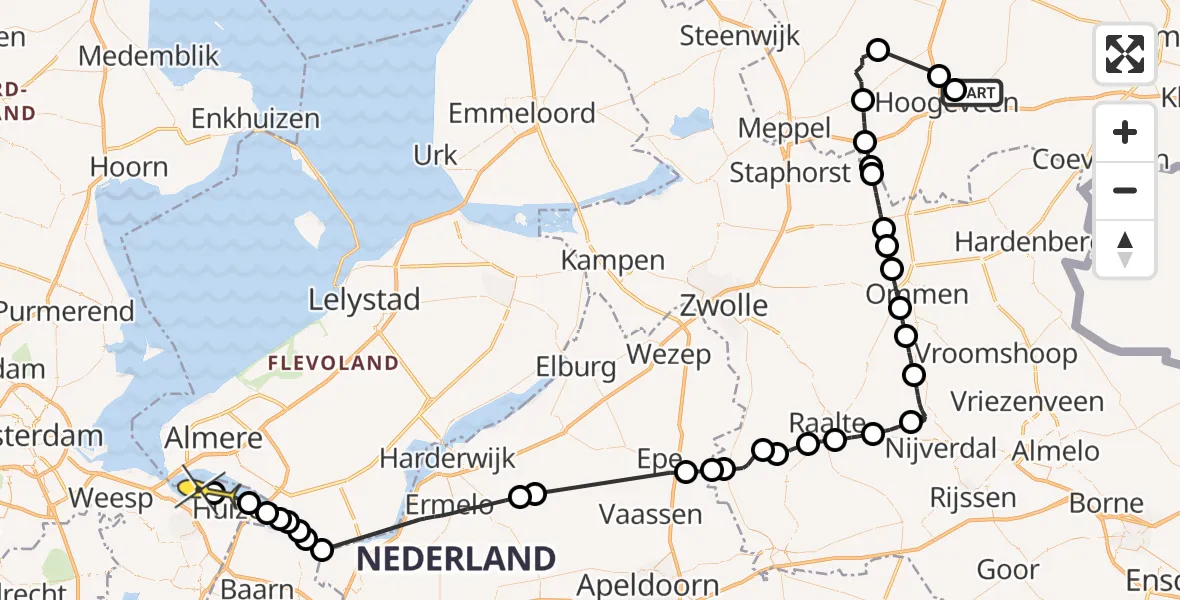 Routekaart van de vlucht: Politieheli naar Naarden