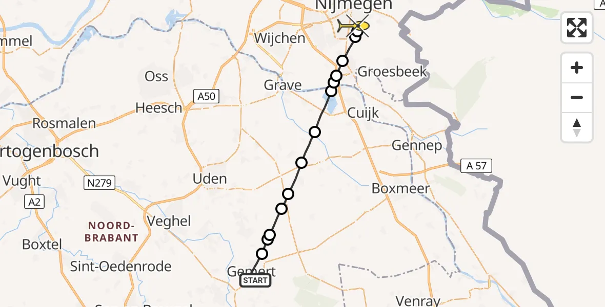 Routekaart van de vlucht: Lifeliner 3 naar Radboud Universitair Medisch Centrum