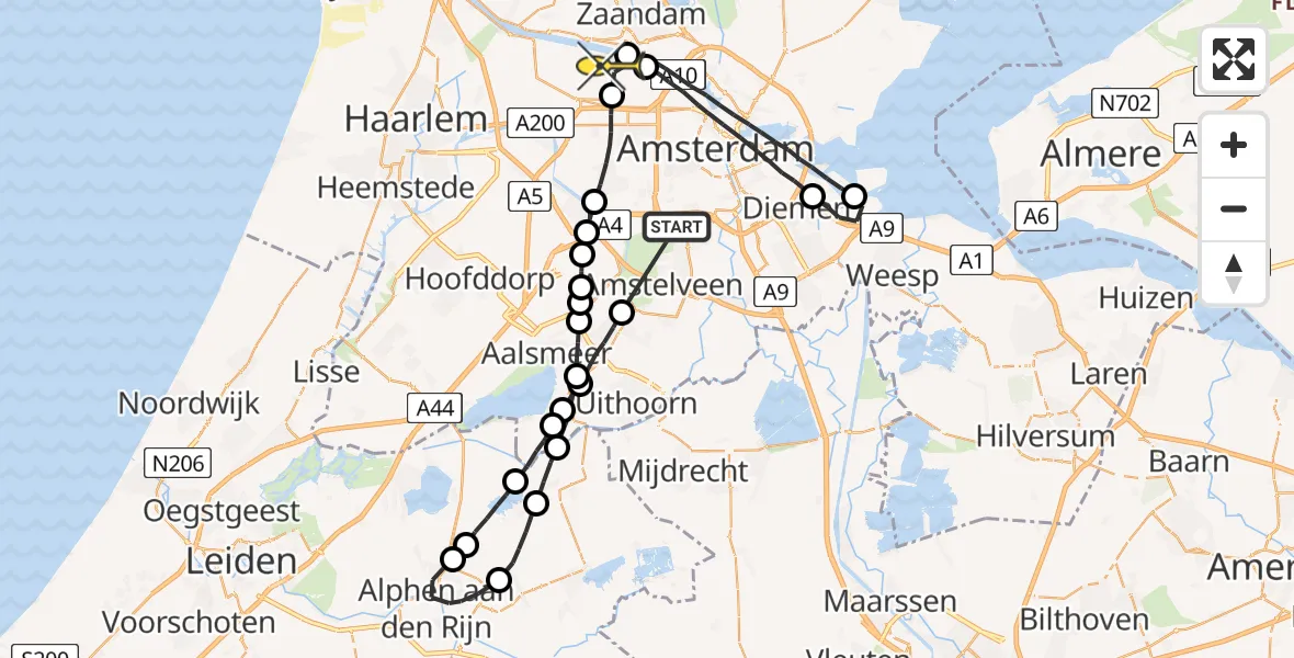 Routekaart van de vlucht: Lifeliner 1 naar Amsterdam Heliport