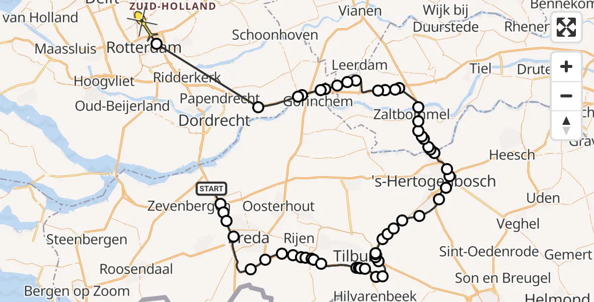 Routekaart van de vlucht: Politieheli naar Rotterdam