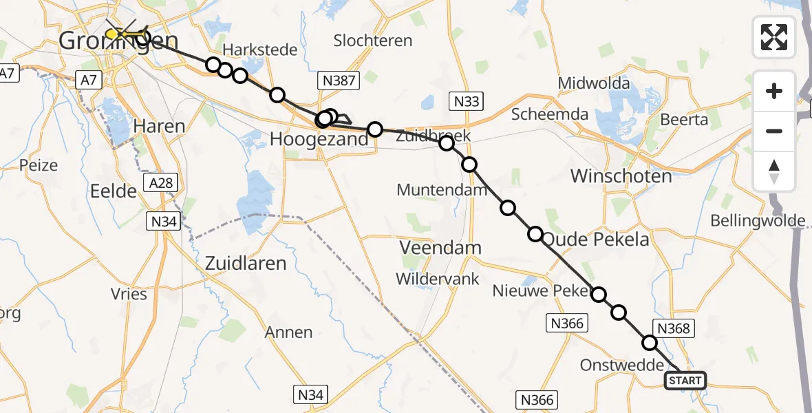 Routekaart van de vlucht: Lifeliner 4 naar Universitair Medisch Centrum Groningen