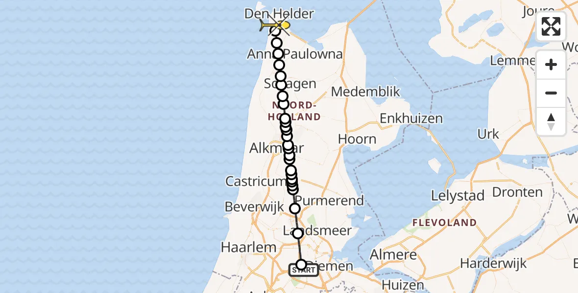 Routekaart van de vlucht: Lifeliner 1 naar Den Helder