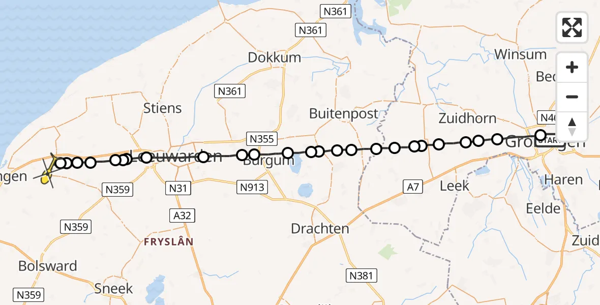 Routekaart van de vlucht: Lifeliner 4 naar Franeker