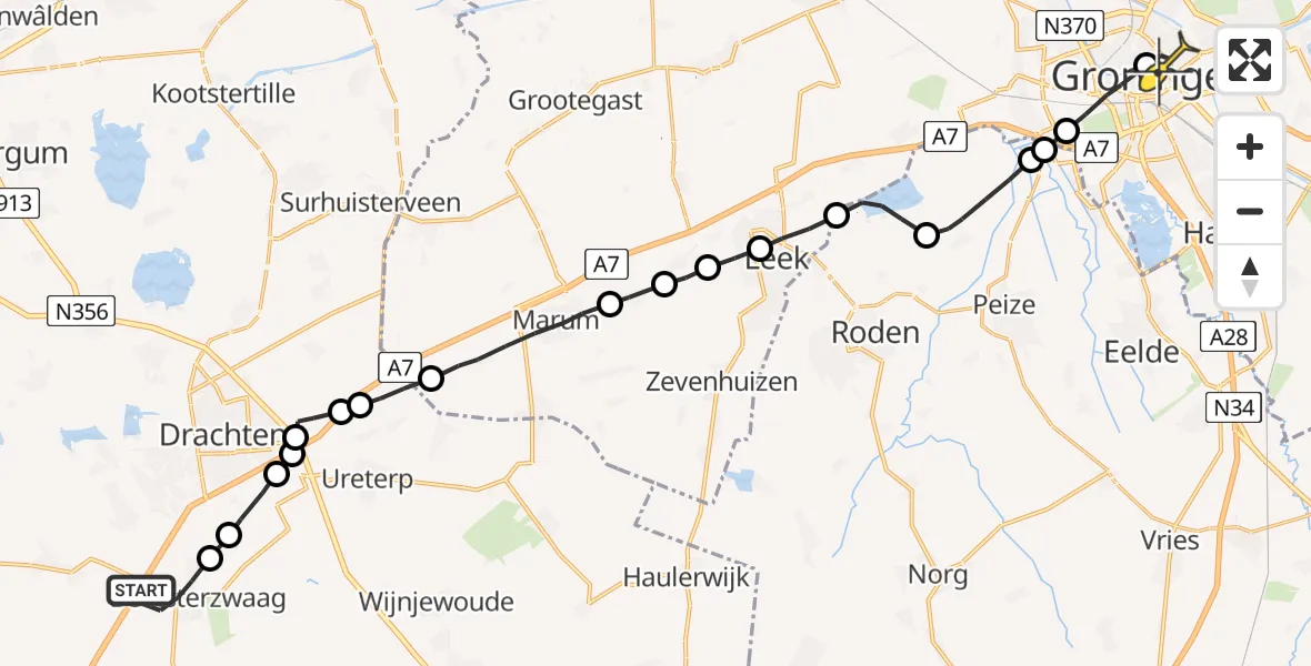 Routekaart van de vlucht: Lifeliner 4 naar Universitair Medisch Centrum Groningen