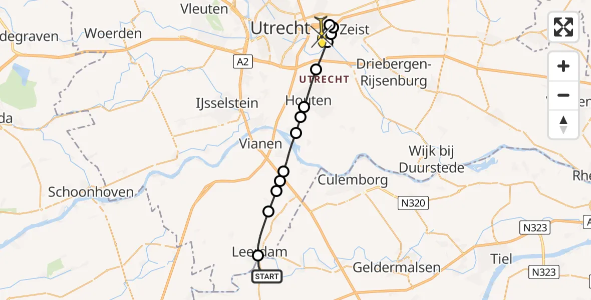 Routekaart van de vlucht: Lifeliner 3 naar Universitair Medisch Centrum Utrecht