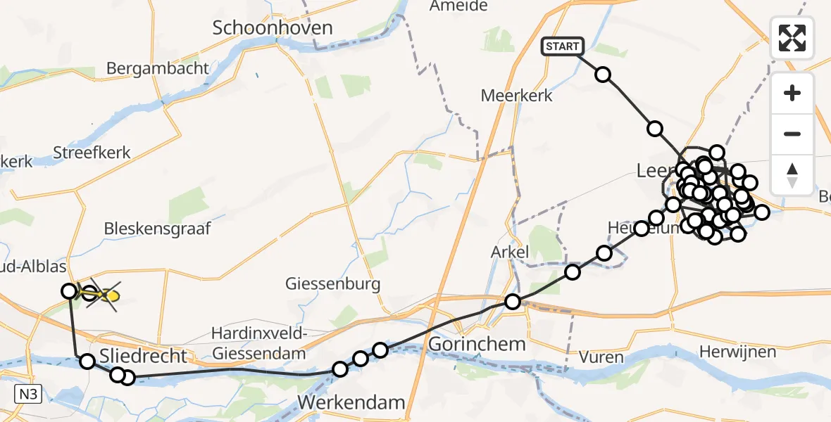 Routekaart van de vlucht: Politieheli naar Wijngaarden