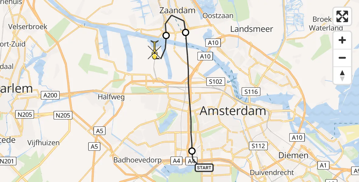 Routekaart van de vlucht: Lifeliner 1 naar Amsterdam Heliport