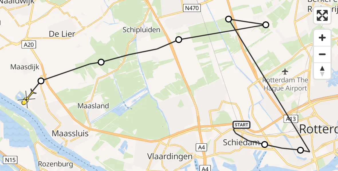 Routekaart van de vlucht: Politieheli naar Hoek van Holland