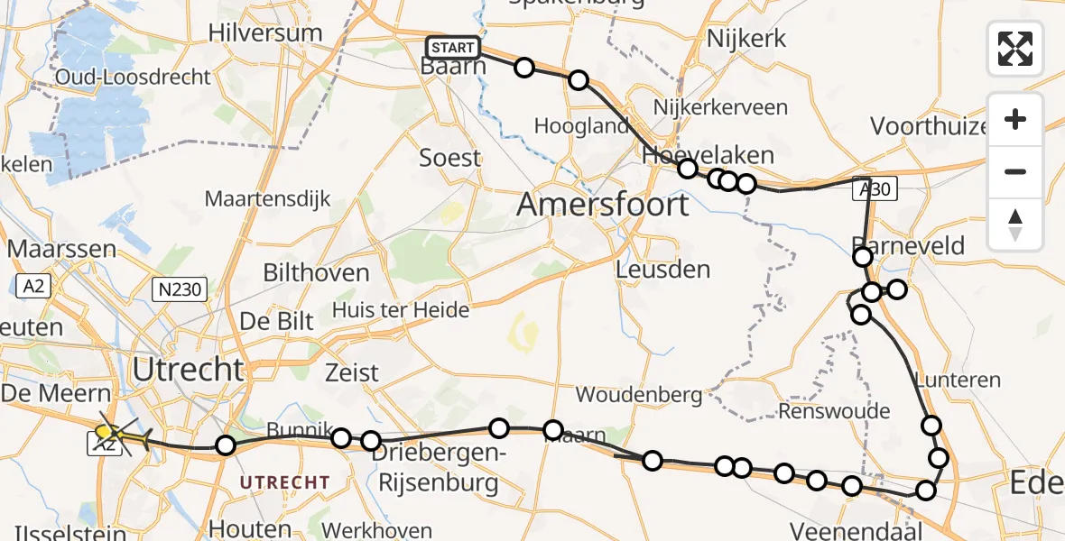 Routekaart van de vlucht: Politieheli naar Utrecht