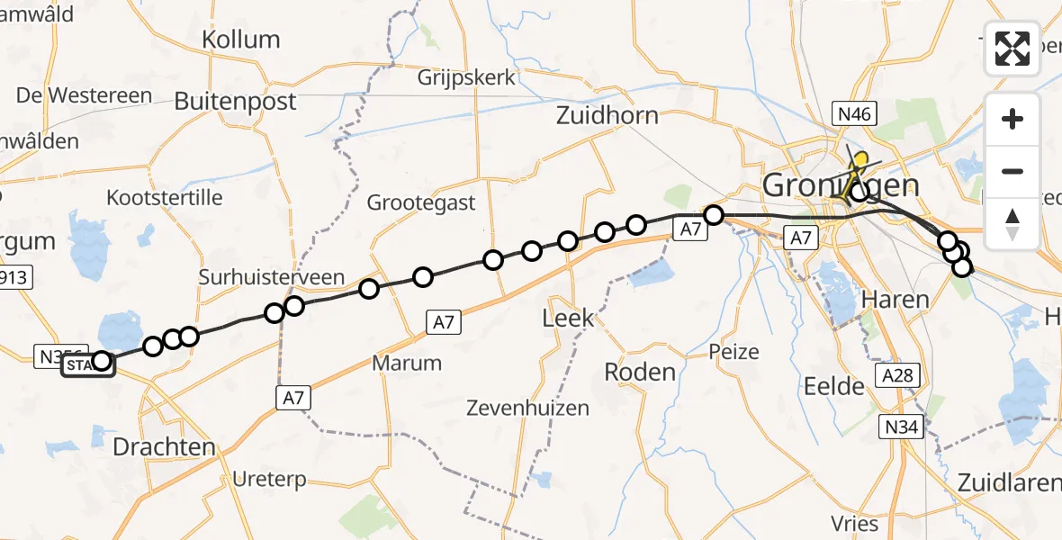 Routekaart van de vlucht: Lifeliner 4 naar Universitair Medisch Centrum Groningen