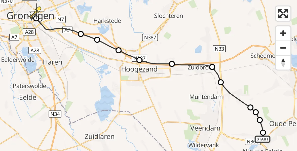 Routekaart van de vlucht: Lifeliner 4 naar Universitair Medisch Centrum Groningen