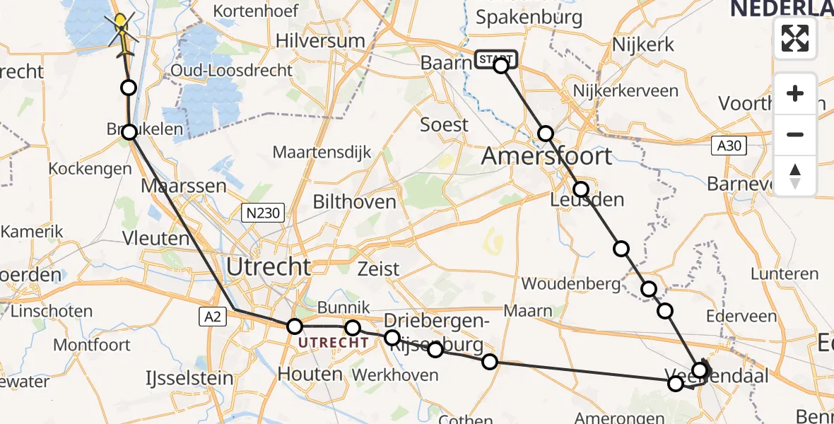 Routekaart van de vlucht: Politieheli naar Loenersloot