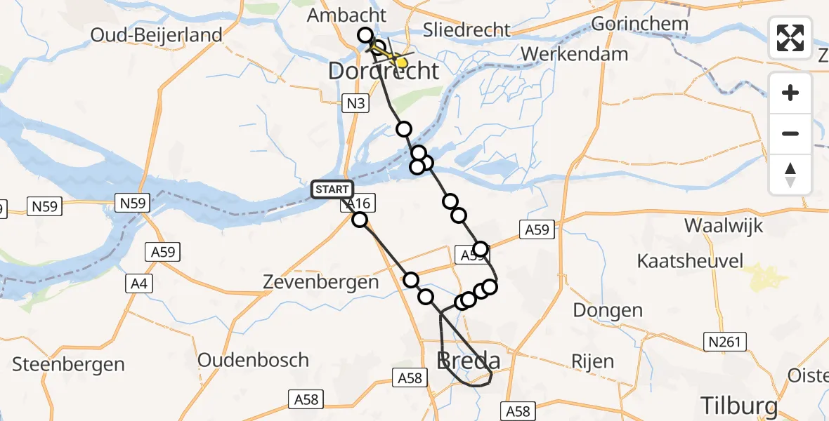 Routekaart van de vlucht: Politieheli naar Dordrecht