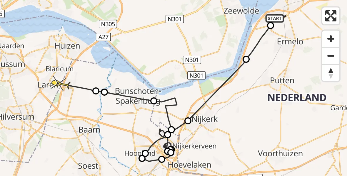 Routekaart van de vlucht: Politieheli naar Eemnes