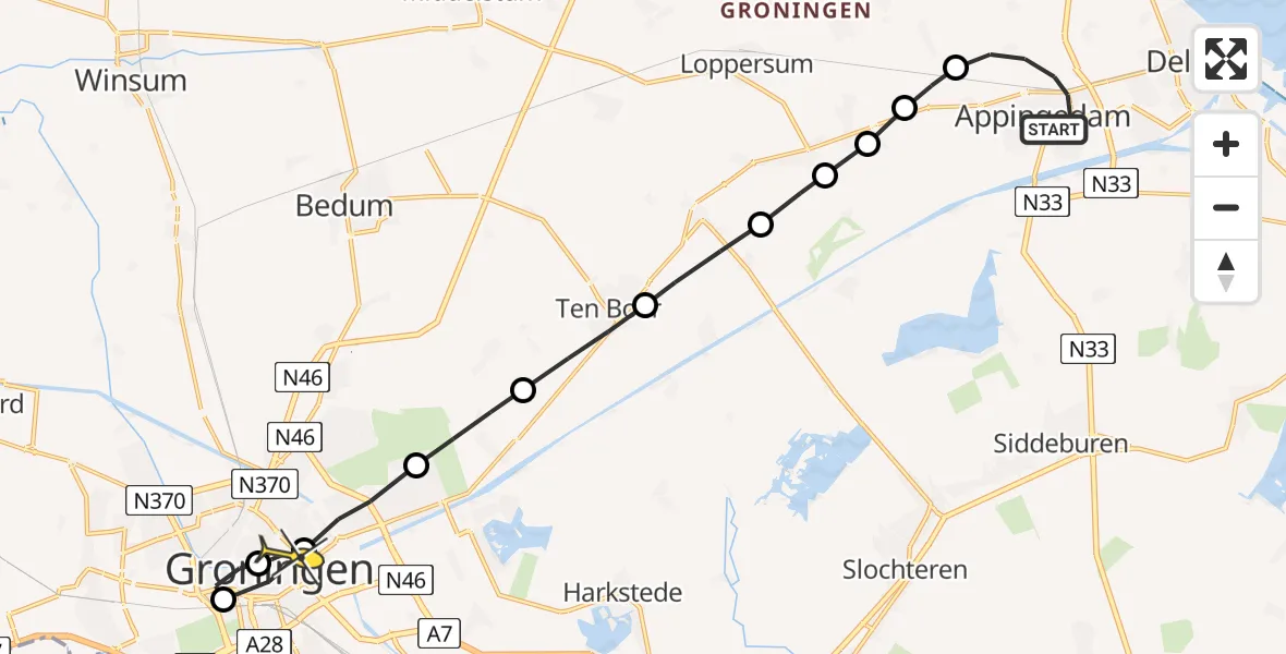 Routekaart van de vlucht: Lifeliner 4 naar Universitair Medisch Centrum Groningen