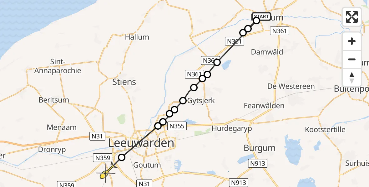 Routekaart van de vlucht: Ambulanceheli naar Jellum