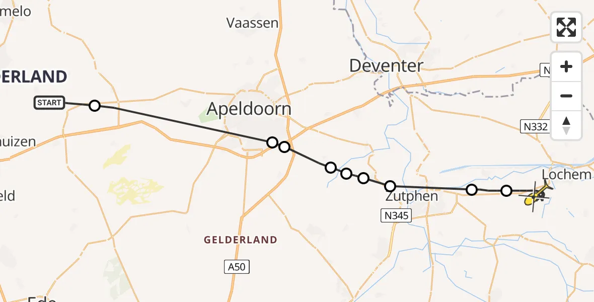 Routekaart van de vlucht: Politiehelikopter naar Lochem
