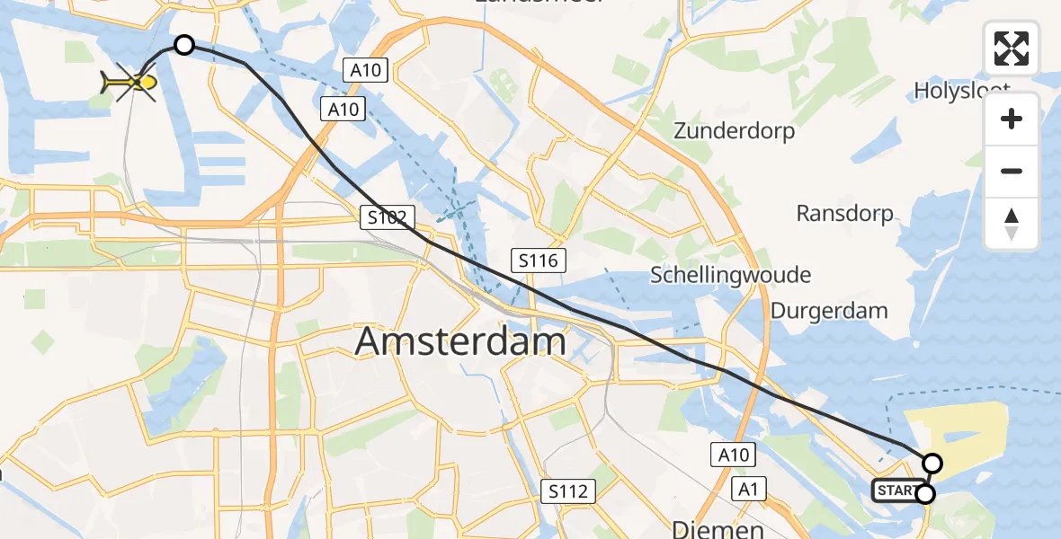 Routekaart van de vlucht: Lifeliner 1 naar Amsterdam Heliport