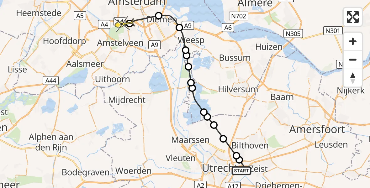 Routekaart van de vlucht: Lifeliner 1 naar VU Medisch Centrum Amsterdam