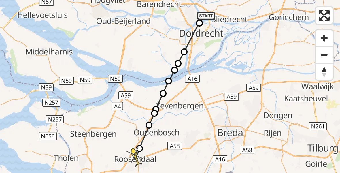 Routekaart van de vlucht: Lifeliner 2 naar Roosendaal