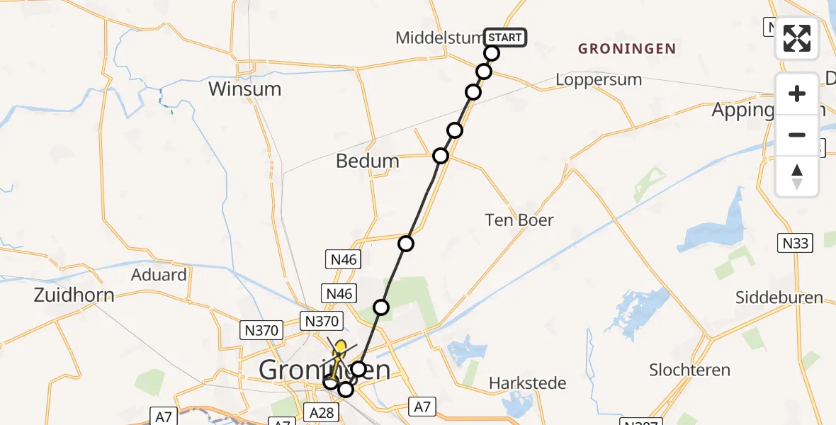 Routekaart van de vlucht: Lifeliner 4 naar Universitair Medisch Centrum Groningen