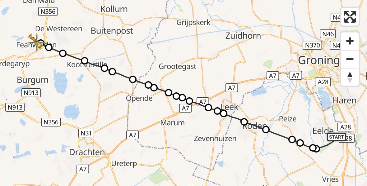 Vluchtroute Traumahelikopter Groningen Airport Eelde - Feanwâlden, 24 augustus 2022, 04:33