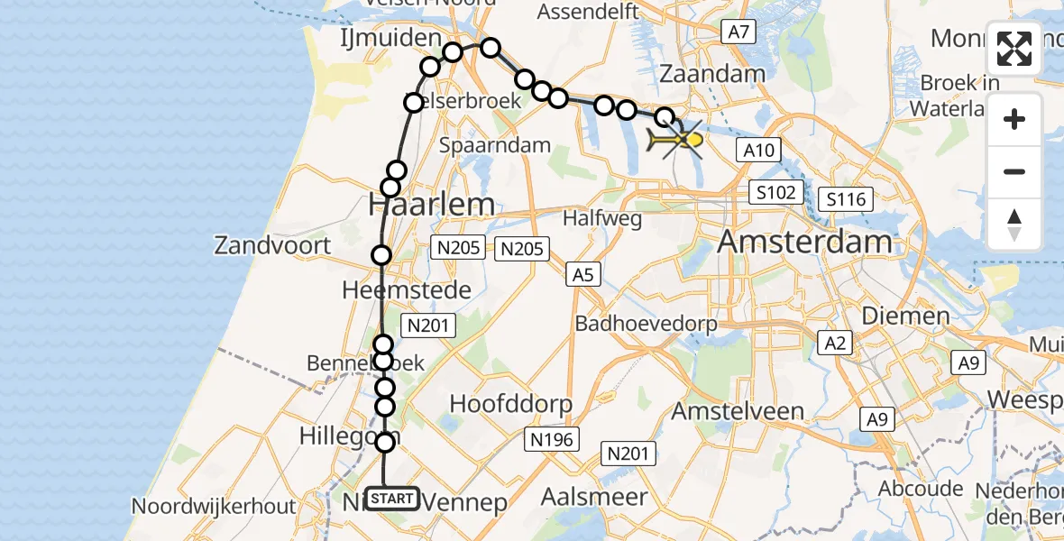 Routekaart van de vlucht: Lifeliner 1 naar Amsterdam Heliport