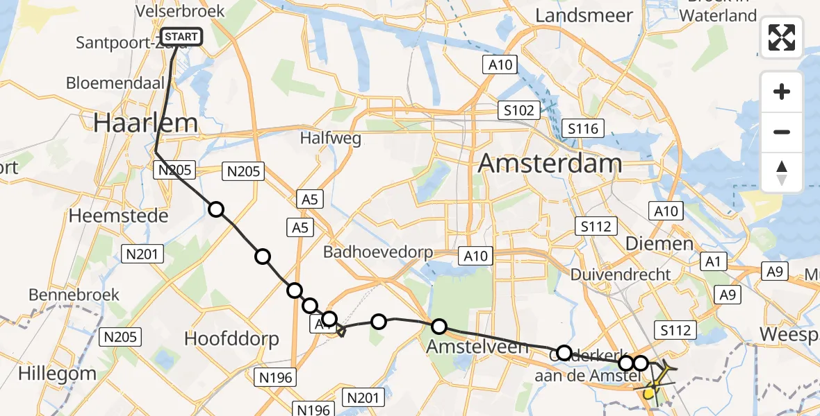 Routekaart van de vlucht: Lifeliner 1 naar Academisch Medisch Centrum (AMC)