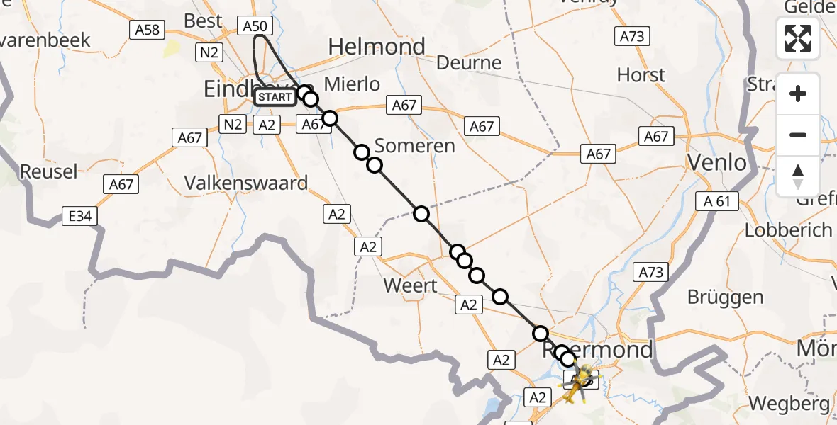 Vluchtroute Traumahelikopter Eindhoven - Sint Odiliënberg, 24 augustus 2022, 14:21