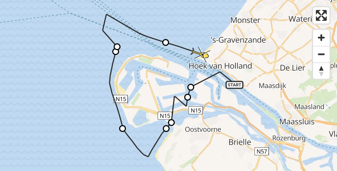 Routekaart van de vlucht: Politiehelikopter naar Hoek van Holland