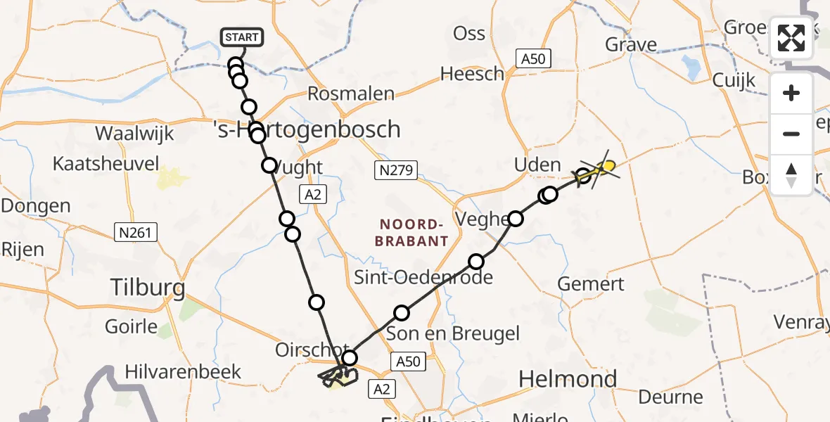 Routekaart van de vlucht: Politieheli naar Vliegbasis Volkel