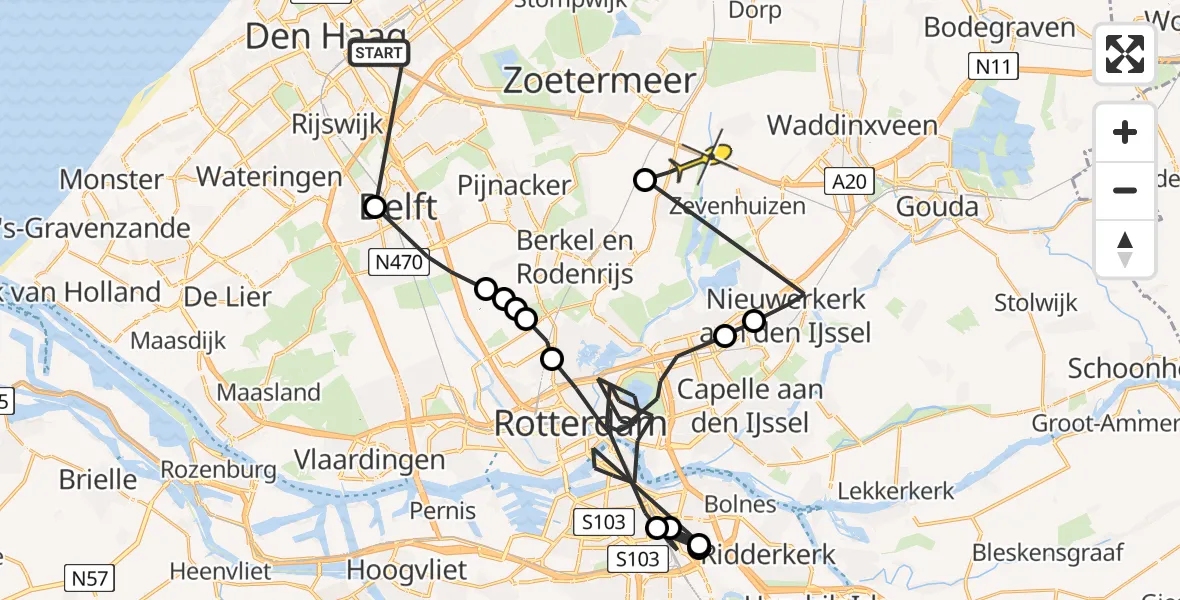 Routekaart van de vlucht: Politiehelikopter naar Bleiswijk