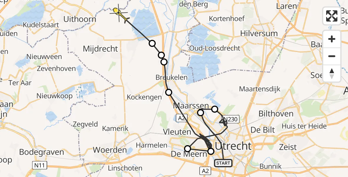 Routekaart van de vlucht: Politieheli naar Waverveen