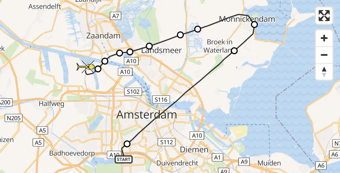 Routekaart van de vlucht: Lifeliner 1 naar Amsterdam Heliport