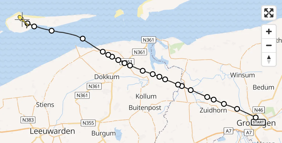 Routekaart van de vlucht: Lifeliner 4 naar Ameland Airport Ballum