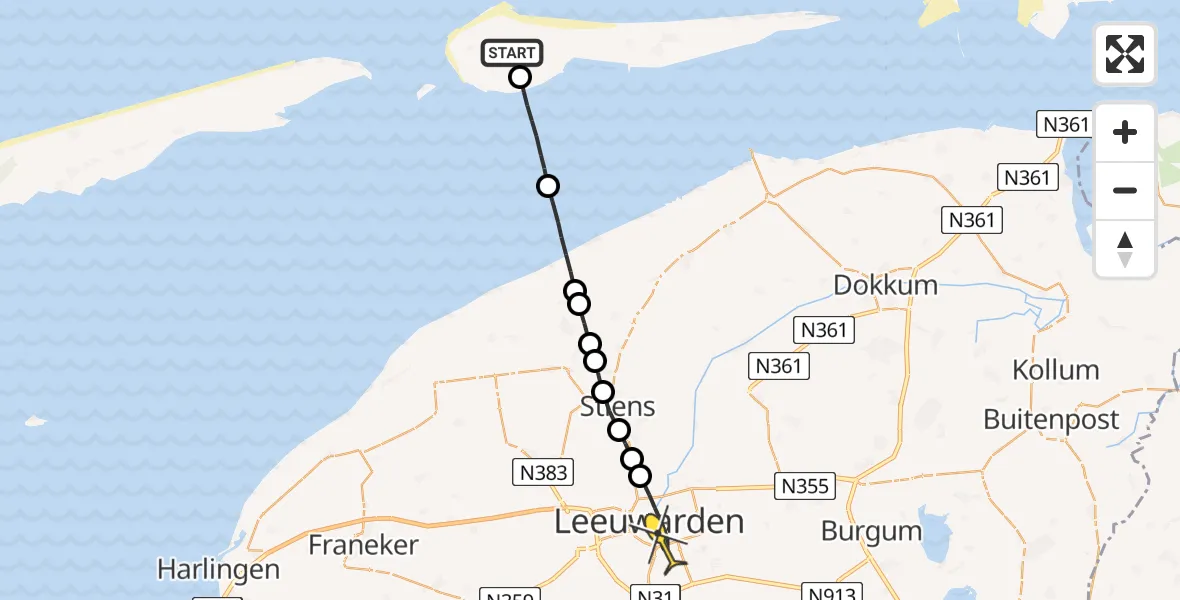 Routekaart van de vlucht: Lifeliner 4 naar Leeuwarden