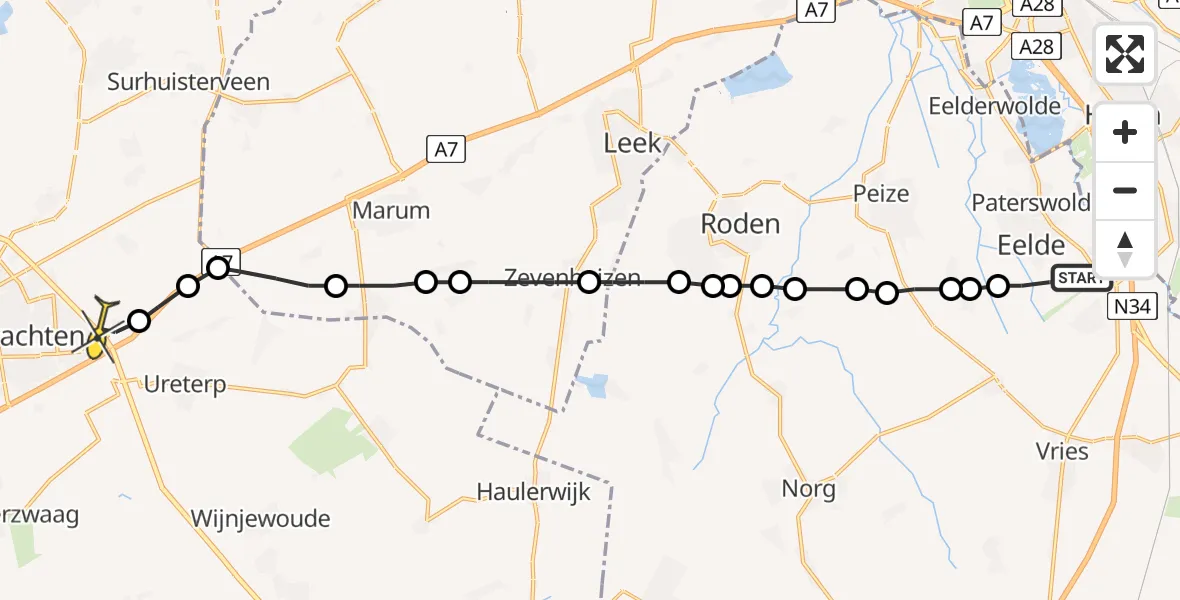 Routekaart van de vlucht: Traumaheli naar Vliegveld Drachten