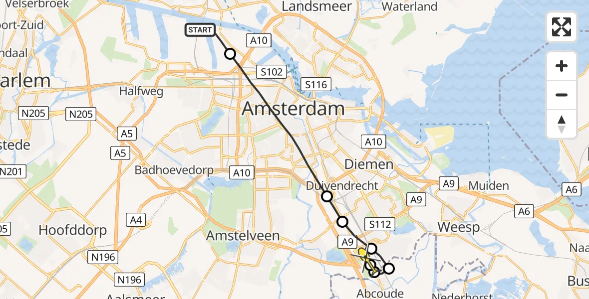 Routekaart van de vlucht: Lifeliner 1 naar Academisch Medisch Centrum (AMC)