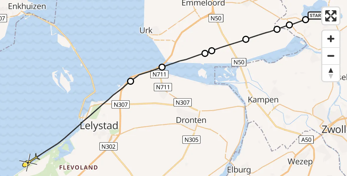 Routekaart van de vlucht: Politiehelikopter naar Lelystad